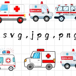 May include: A set of six cartoon ambulance illustrations in various styles. The ambulances are white with red accents and feature the word "AMBULANCE" on the side. The illustrations are perfect for use in digital or printed projects.