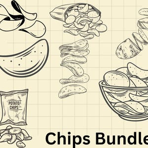Può includere: Un'illustrazione in bianco e nero di una varietà di patatine fritte. L'illustrazione include un sacchetto di patatine fritte, una ciotola di patatine fritte e diverse patatine fritte singole. Il testo "Potato Chips" è sul sacchetto. Il testo "Chips Bundle" è nella parte inferiore dell'immagine.