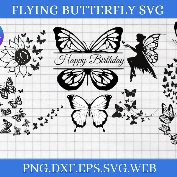 Flying Butterflies SVG bundle/Butterfly Silhouette Design Layout/Birthday Butterfly/ Butterfly Swarm SVG Cut File,Clipart, Digital download