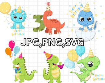 May include: A set of digital clipart featuring cute cartoon dinosaurs wearing party hats. The dinosaurs are in various poses, including holding balloons, wearing party hats, and holding a gift. The clipart is perfect for creating birthday cards, invitations, and other party decorations.