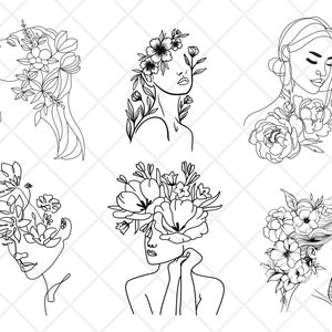 Puede incluir: Seis dibujos en blanco y negro de mujeres con flores en el pelo o en el cuerpo. Las mujeres están dibujadas en un estilo minimalista con líneas y curvas simples.