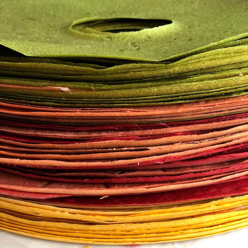 Peut inclure: Gros plan sur une pile de tortillas color&eacute;es. Les tortillas sont de diff&eacute;rentes couleurs : vert, orange, rouge et jaune. La tortilla sup&eacute;rieure est verte et perc&eacute;e d'un trou. L'image met en valeur les textures et les couleurs.
