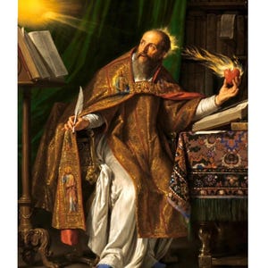 May include: A painting depicting a man in religious robes, holding a flaming heart. He is seated, with books and a quill pen nearby. The man wears a gold and brown robe, with a halo. The background features a bookshelf and green drapery.