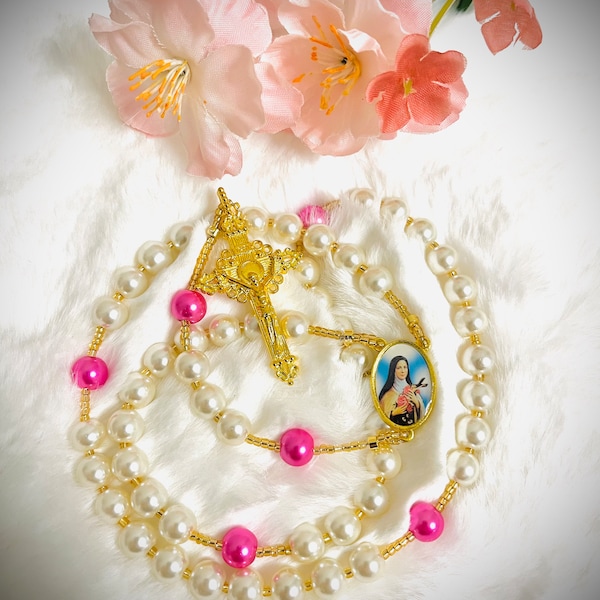 St Therese Custom Pearl Rosary Saint Therese of Lisiuex little flower luxury Rosary Handmade Rosary white Pink Pearls Wedding Communion