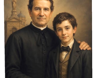 Quadro cattolico con San Giovanni Bosco e San Domenico Savio, stampa su tela di Don Bosco, ritratto di santo cattolico, decorazione con santi salesiani, regalo