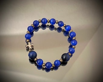 Luxury Rosary Bracelet Custom Catholic Bracelet Sapphire & Cat eye Natural Stones Jewelry Bead for Wedding Communion Baptism Gift for him