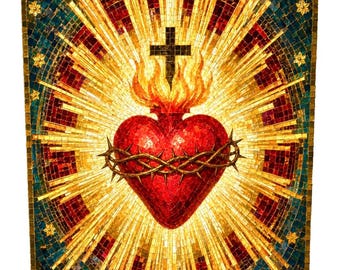 Arte de parede em mosaico do Sagrado Coração de Jesus, impressão em tela católica, decoração cristã com detalhes em folha de ouro, obra de arte do Divino Coração de Cristo, decoração religiosa para casa.