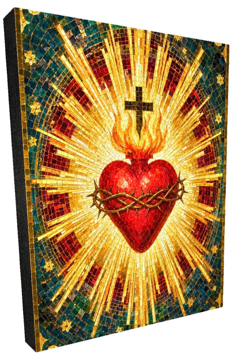 Sacred Heart of Jesus Mosaic Wall Art, Catholic Canvas Print, Gold Foil ...