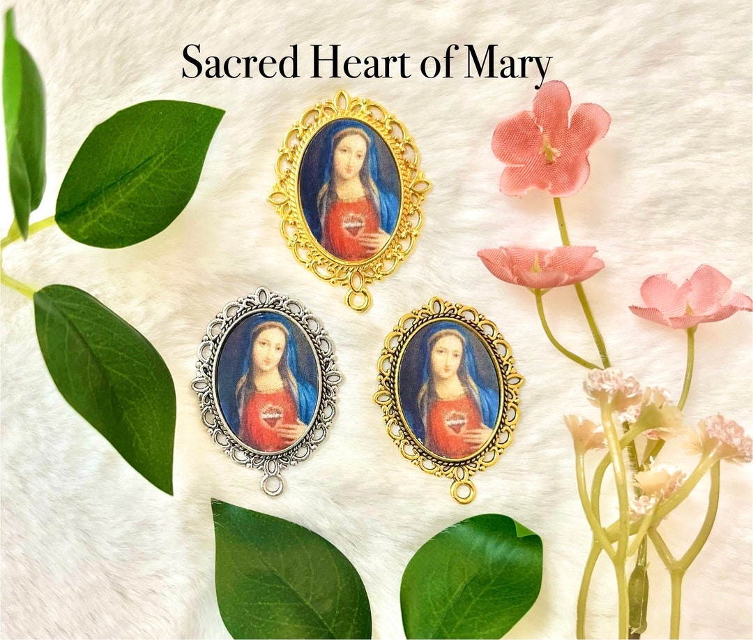 Sacred Heart of Mary Rosary Centerpiece: Gold, Antique Gold, or Silver ...