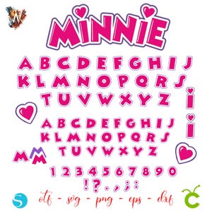 May include: A complete alphabet and number set in a playful, cartoon style. The letters and numbers are a vibrant pink with a white outline and a purple border. The word "Minnie" is at the top, and hearts are used as accents.
