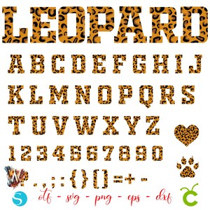 May include: A complete alphabet, numbers, and symbols set in a leopard print design. The letters and numbers are bold and blocky, with a tan background and black spots. Includes a heart and paw print in the same pattern.