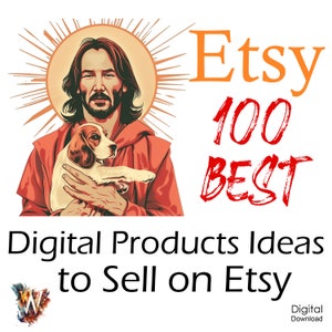 Op de afbeelding: Een digitale illustratie van een man die een hond vasthoudt. De man draagt een rode mantel en heeft een halo boven zijn hoofd. De tekst "Etsy 100 Best Digital Products Ideas to Sell on Etsy" staat onder de afbeelding.