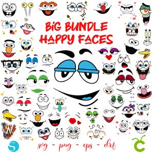 May include: A collection of cartoon faces with various expressions, including happy, sad, and surprised. The text "BIG BUNDLE HAPPY FACES" is displayed in red. The image includes eyes, mouths, and other facial features.
