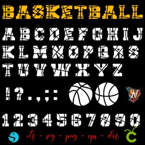 May include: A black graphic with the word "BASKETBALL" in yellow, stylized letters. Below are white letters, numbers, punctuation, and two basketballs. The design includes various file formats.