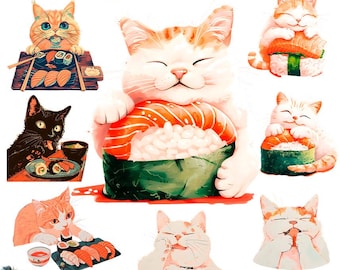 Cat Sushi Clipart, Japanese Food Png, Cute Cat Watercolor, Cat png, Sushi Clipart Bundle, Cats clipart, Cute Kitty clipart, Funny Kitten png
