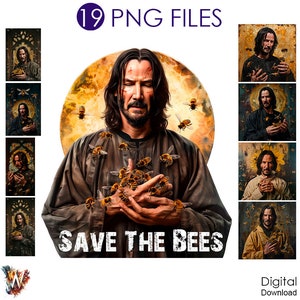 May include: A digital illustration of Keanu Reeves as a saint with bees surrounding him. The image has a yellow halo around his head and the text "SAVE THE BEES" at the bottom.
