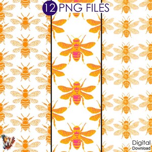 Puede incluir: Descarga digital de 12 archivos PNG con patrones repetidos de abejas naranjas y amarillas sobre un fondo blanco. Las abejas tienen alas detalladas y están en varias poses. El texto "12 PNG FILES" está en la parte superior.