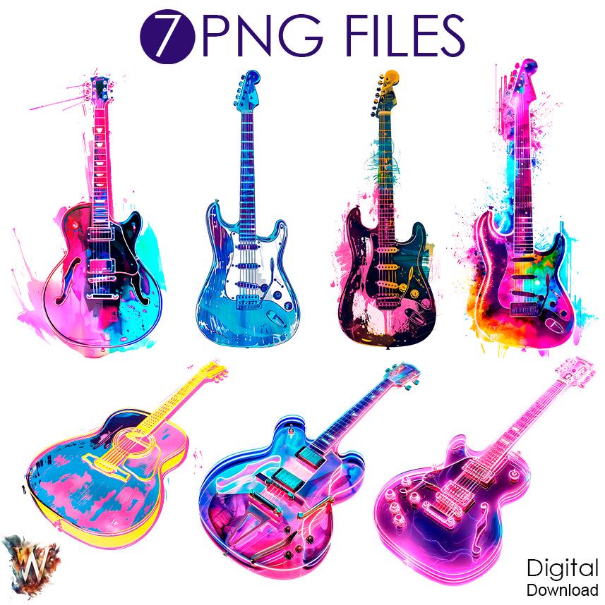 Guitar Clipart, Guitar PNG, Guitar Watercolor Clipart, Electric Guitar, Rock Clipart, Guitar Rocker Shirt Guitars, Guitar Art, Guitar Neon
