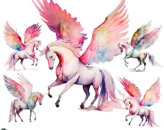 May include: Five watercolor illustrations of winged unicorns in various poses. The unicorns are white with pink, blue, and yellow wings. The illustrations are on a white background.