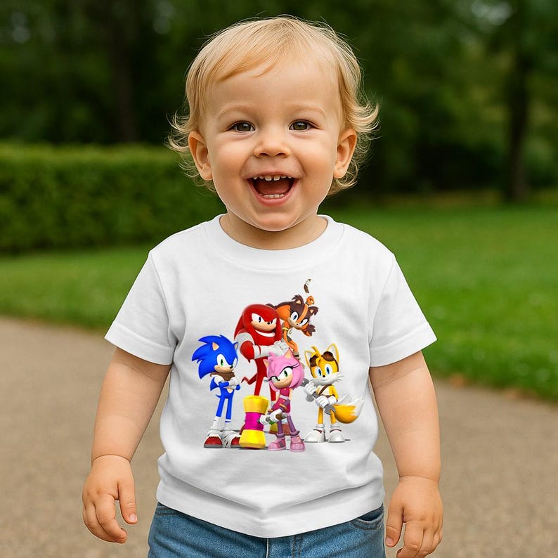 May include: A white t-shirt featuring a colorful graphic of Sonic the Hedgehog and his friends. The design includes Sonic, Knuckles, Tails, Amy Rose, and other characters from the popular video game series. The shirt is worn by a smiling toddler.