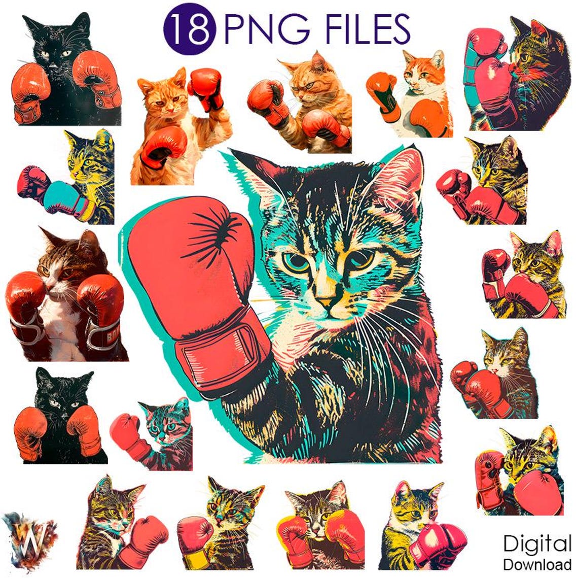 Boxing Cat Clipart, Boxer Cats PNG, Cat Watercolor Clipart, Cute Cat ...