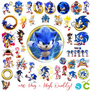 May include: A collection of various Sonic the Hedgehog character images and logos. The images feature Sonic in different poses, along with other characters like Tails, Amy Rose, and Knuckles. The text "+40 Png - High Quality!" is also present.