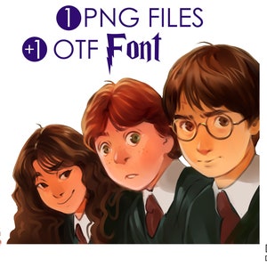 May include: A digital download of three cartoon illustrations of Harry Potter characters. The characters are Harry Potter, Ron Weasley, and Hermione Granger. The characters are wearing their Hogwarts school uniforms. The image includes the text "1 PNG FILES + 1 OTF Font".
