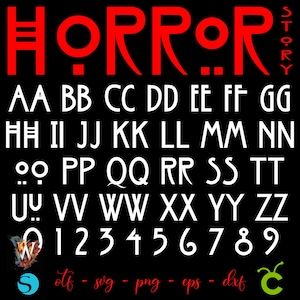 May include: Black background with the word "HORROR" in large red letters at the top, and the word "STORY" in red vertically on the right. Below are white letters and numbers, with file type options in red.