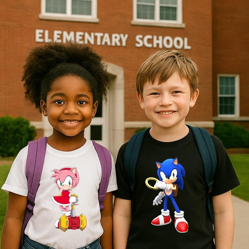 May include: Two children wearing backpacks and Sonic the Hedgehog t-shirts stand in front of an elementary school. One shirt features Amy Rose, the other Sonic. The school building has the words "ELEMENTARY SCHOOL" above the entrance.