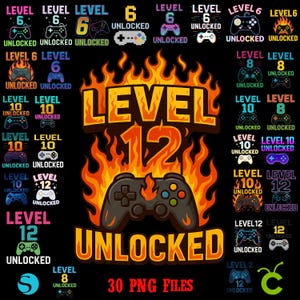 Può includere: Una collezione di design grafici digitali con varie icone di controller per videogiochi e testi come Level 6, 8, 10 e 12 Unlocked. Il design centrale mostra un controller nero circondato da fiamme di colore arancione e giallo.