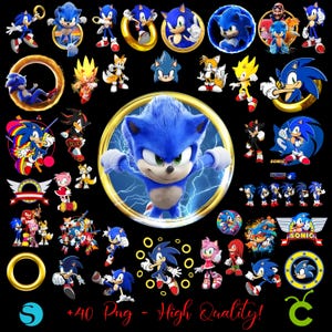 May include: A collection of Sonic the Hedgehog character images, including Sonic, Tails, Knuckles, and Amy Rose, in various poses and styles. The images are set against a black background, with a large central image of Sonic inside a gold ring. Text reads "+40 Png - High Quality!"