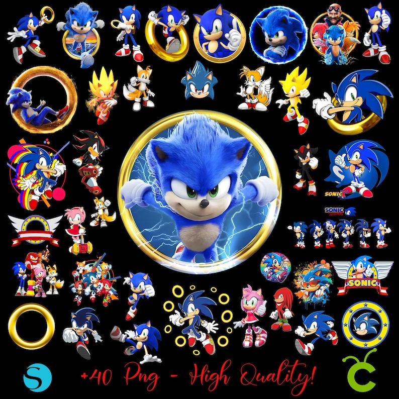 May include: A collection of Sonic the Hedgehog character images, including Sonic, Tails, Knuckles, and Amy Rose, in various poses and styles. The images are set against a black background, with a large central image of Sonic inside a gold ring. Text reads "+40 Png - High Quality!"