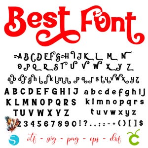 Op de afbeelding: Een digitaal lettertypeontwerp met de woorden "Best Font" in rode, gestileerde letters. De afbeelding toont het alfabet in hoofdletters en kleine letters, cijfers en symbolen in een zwart, grillig lettertype.