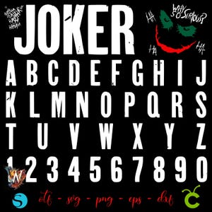 Może przedstawiać: Czarne tło z białym tekstem i grafiką. Słowo "JOKER" znajduje się na górze. Poniżej znajdują się litery alfabetu i cyfry. Zawiera również twarz Jokera i frazę "Why so serious?"