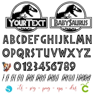 May include: Black and white dinosaur-themed graphic elements. Includes two logos with dinosaur silhouettes and text, a full alphabet, numbers, claw marks, and file type icons. The logos read "YOUR TEXT" and "BABYSAURUS".