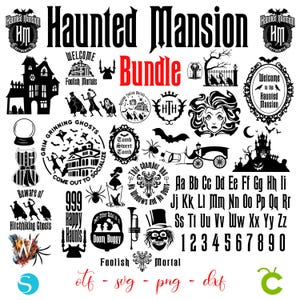 May include: A collection of black and white Haunted Mansion-themed graphics, including silhouettes of a haunted house, ghosts, and text that reads "Haunted Mansion Bundle." Also includes letters, numbers, and other spooky elements.