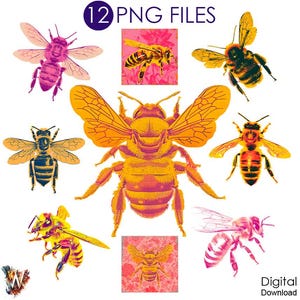 May include: Twelve digital illustrations of bees in various poses. The bees are in shades of yellow, orange, pink, and black. The background is white. The text "12 PNG FILES" is in purple text at the top of the image.