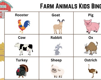 May include: A bingo card with images of farm animals, including a rooster, goat, pig, cow, rabbit, ox, turkey, sheep, and ostrich. The card is titled "Farm Animals Kids Bingo".