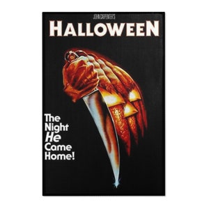 Halloween 1 area rug. Michael Myers comfort floor plan. Boogeyman home decor. Scary movie carpet. Classic slasher theme decoration. 80s film