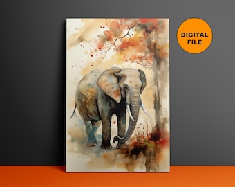 May include: Watercolor painting of an elephant standing in a forest with fall foliage. The elephant is facing the viewer with its trunk raised. The background is a soft brown and orange.