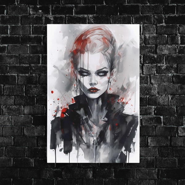 Stark Contrast Watercolor, Bold Red and Black portrait, Modern Gothic Art, Edgy Fashion Illustration, Striking Abstract Female.