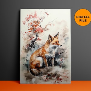 Impressão de arte em tela de raposa em aquarela, impressão de arte em tela emoldurada de raposa no deserto, ideia de presente para amantes de animais, novo presente para casa, impressão digital