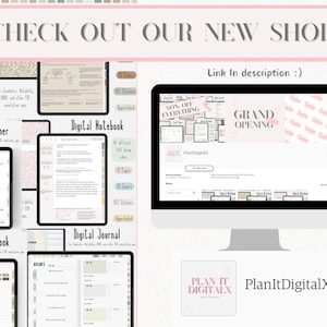May include: A computer screen displaying a website for PlanItDigitalX, a digital planner shop. The website features a pink and white colour scheme and the text "GRAND OPENING" and "50% OFF EVERYTHING".