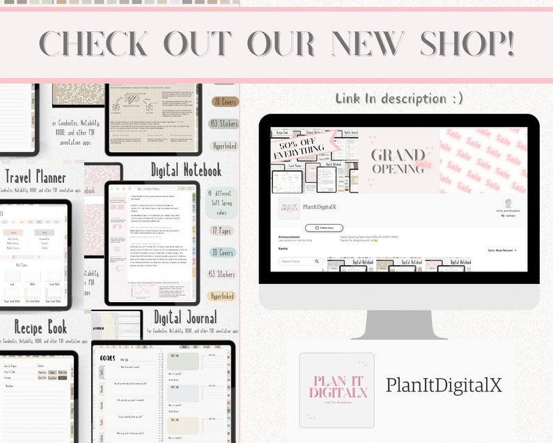 May include: A computer screen displaying a website for PlanItDigitalX, a digital planner shop. The website features a pink and white colour scheme and the text "GRAND OPENING" and "50% OFF EVERYTHING".