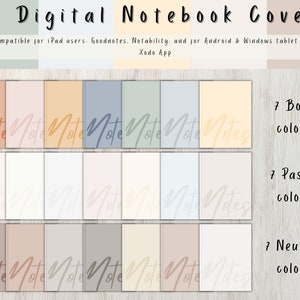 Puede incluir: Veintiún portadas de cuaderno digital en varios colores, incluyendo tonos boho, pastel y neutros. Las portadas presentan la palabra "Notes" escrita en un estilo manuscrito.