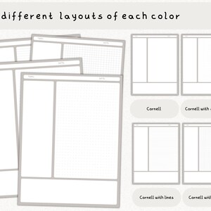 May include: Four different layouts of a Cornell note-taking page. The layouts include a blank Cornell page, a Cornell page with dotted lines, a Cornell page with lines, and a Cornell page with a graph.