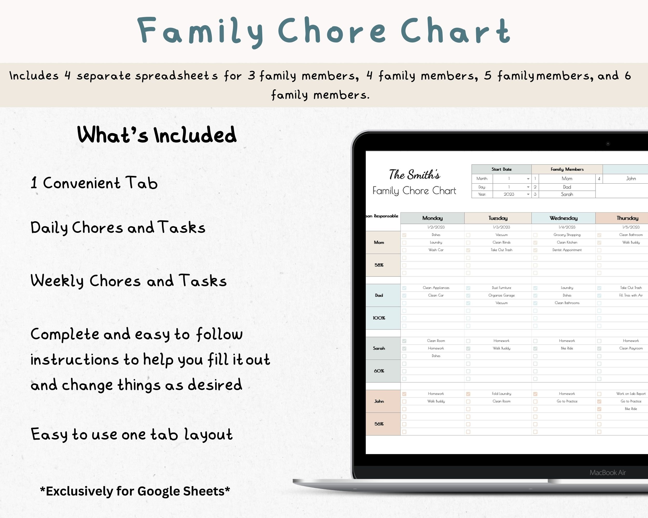 Family Chore Chart, Google Sheets Template (digital Download) - Etsy