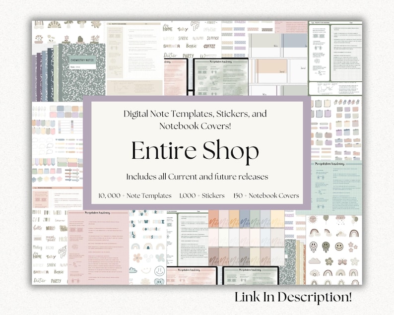 May include: A collage of digital note templates, stickers, and notebook covers in pastel colors. The text "Digital Note Templates, Stickers, and Notebook Covers! Entire Shop Includes all Current and future releases 10,000 Note Templates 1,000 Stickers 150 - Notebook Covers Link In Description!" is displayed on the image.