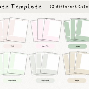 May include: A set of 12 printable note templates in various colors, including pink, light pink, green, light green, sage green, and beige. Each template has a simple design with a border and a blank space for writing.
