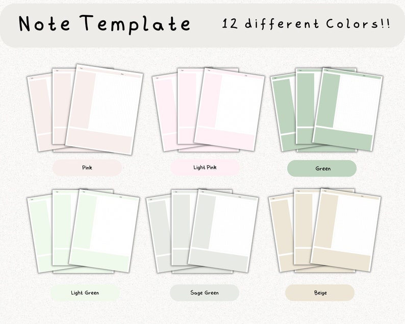 May include: A set of 12 printable note templates in various colors, including pink, light pink, green, light green, sage green, and beige. Each template has a simple design with a border and a blank space for writing.
